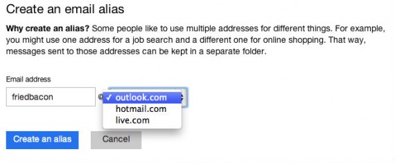 Creating an alias for Outlook.com, enter the alias you want
