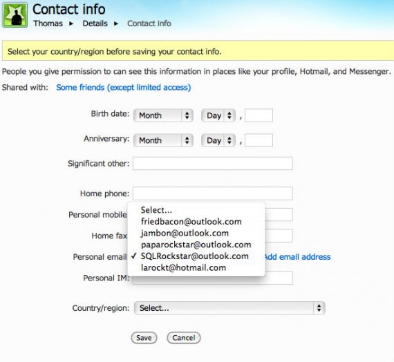 Viewing your Outlook.com aliases, editing your contact info