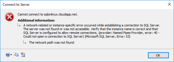 SQL Server vNext on Linux Azure connection error