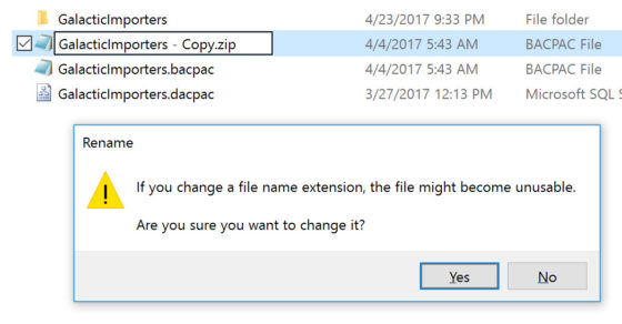 change BACPAC to ZIP file