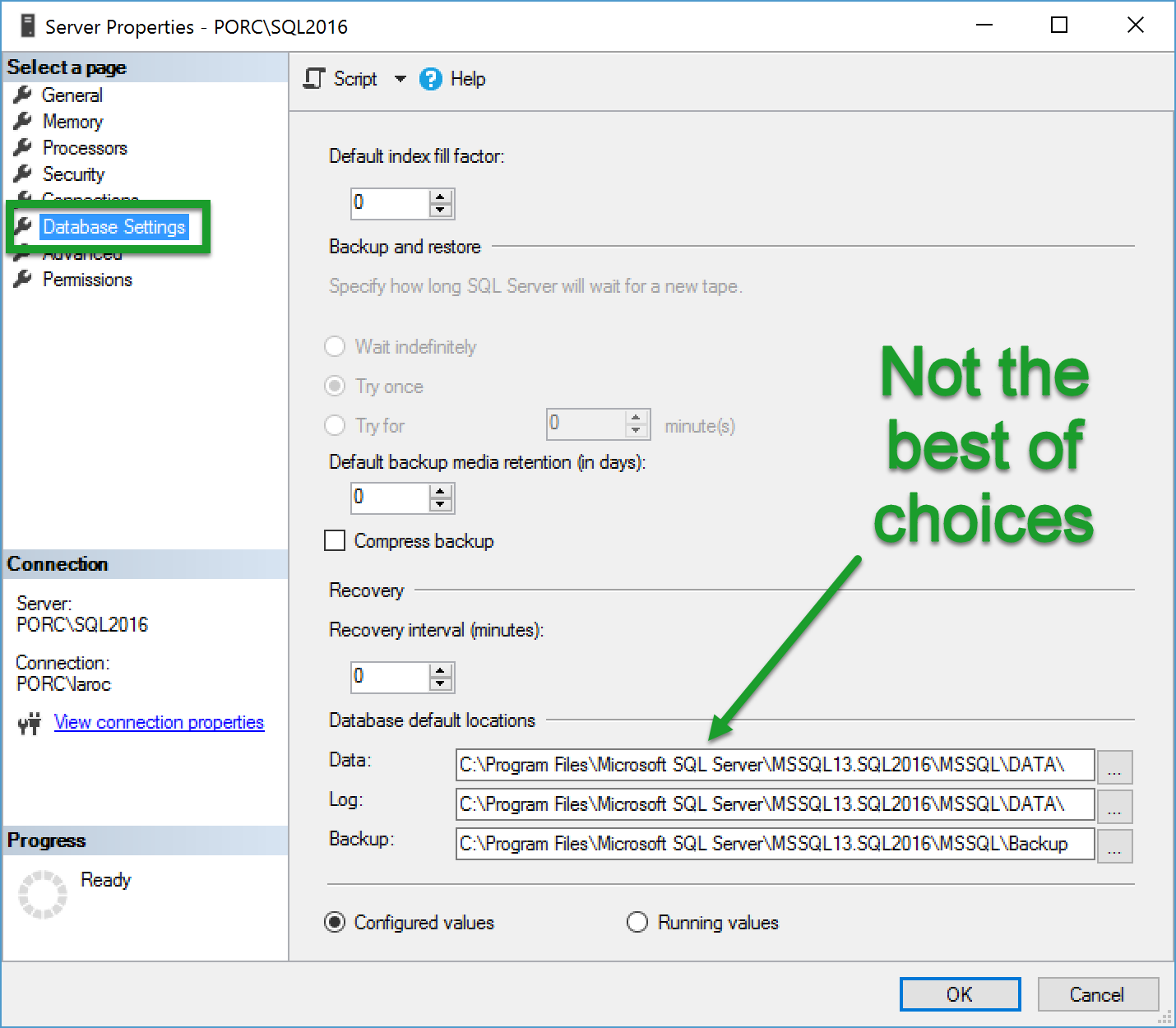 Default Database Files Locations SQL Server 2016