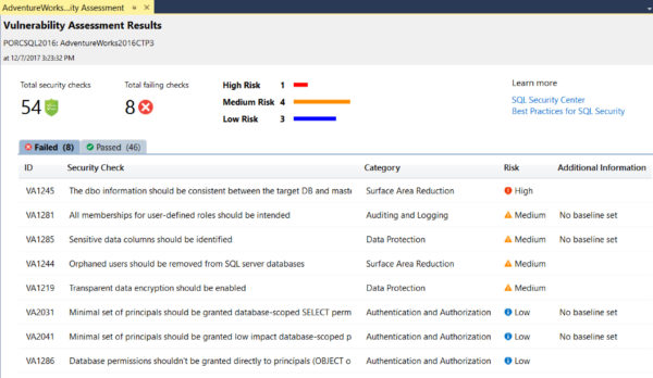 SQL Vulnerability Assessment Scan Results