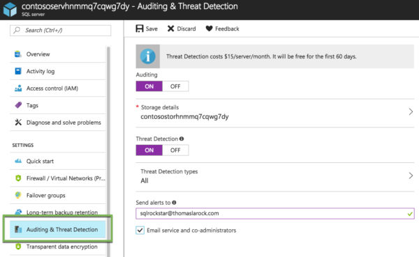 Enable audit and threat detection for azure