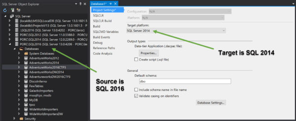 visual studio database project sql server prior version target