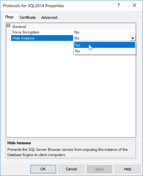 how to hide instance of SQL Server flags